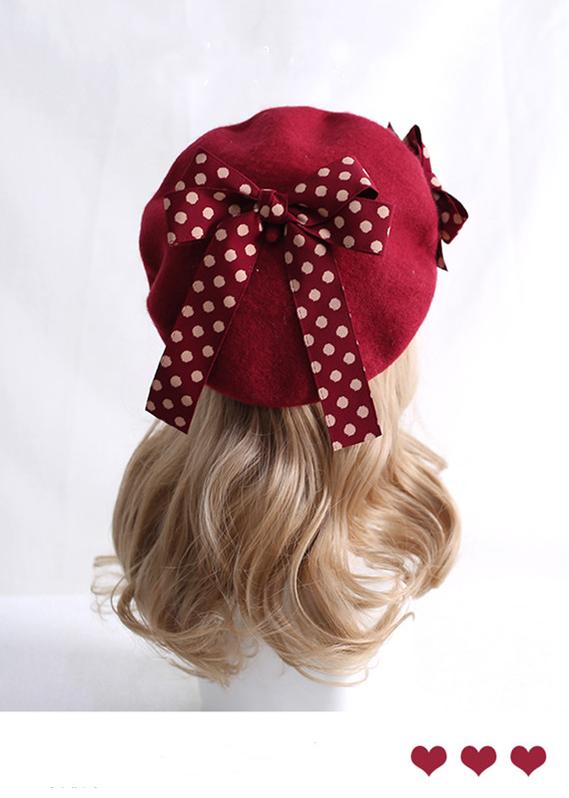 Xiaogui - Sweet Lolita Red Polka Dots Bow Beret Hat