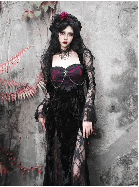 Blood Supply - Rose Cemetery - Dark Red Velvet Mermaid Gothic Lolita Dress