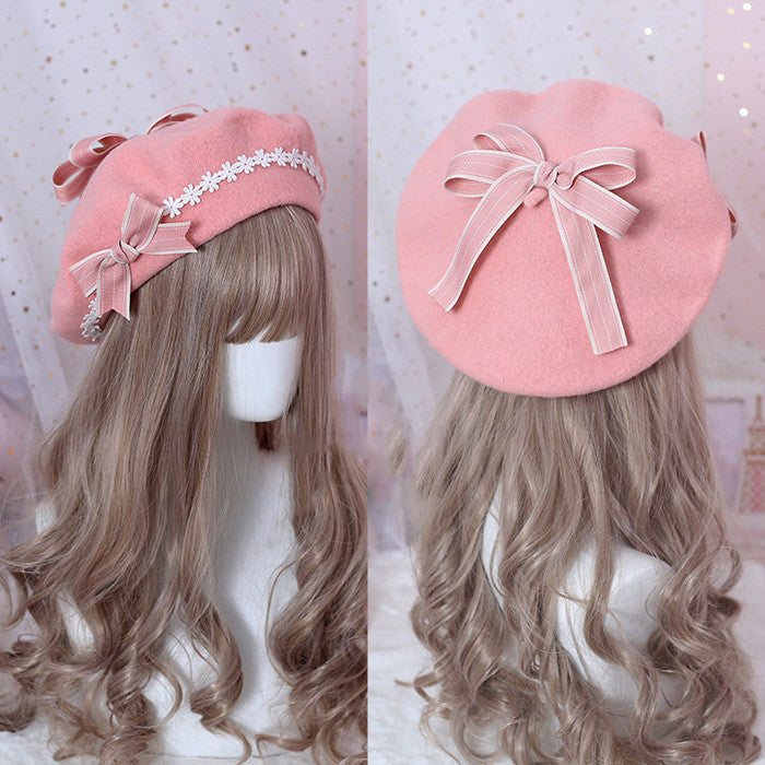 Xiaogui - Sweet and Lovely Daisy Bowknot Woolen Beret Pink bow+pink beret+clips One Size
