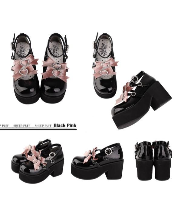 Sheep Puff - Sweet Lolita Heel Punk Platform Shoes 34 black-pink