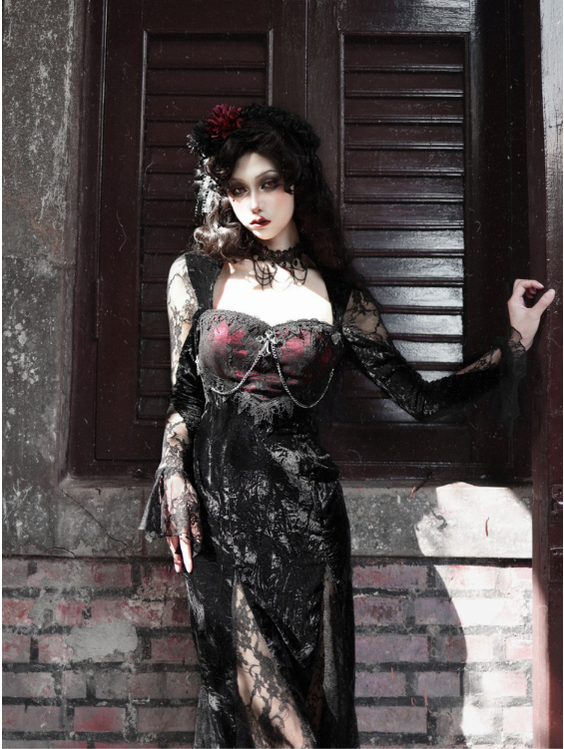 Blood Supply - Rose Cemetery - Dark Red Velvet Mermaid Gothic Lolita Dress