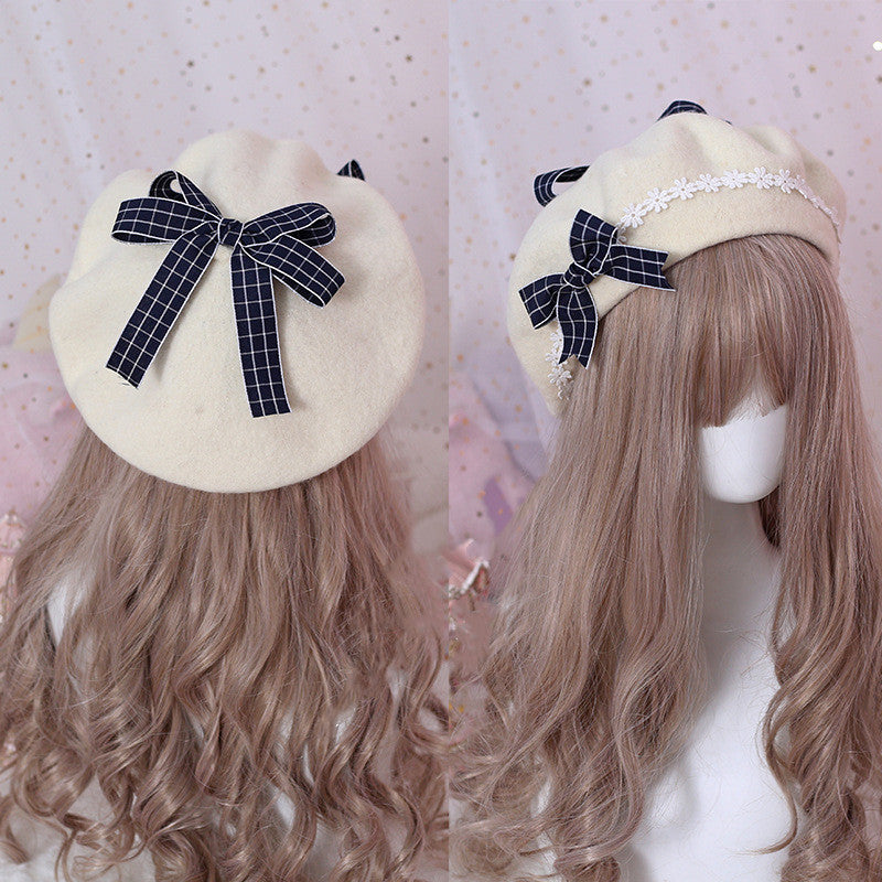 Xiaogui - Sweet and Lovely Daisy Bowknot Woolen Beret Navy blue grid bow+cream white beret+clips One Size