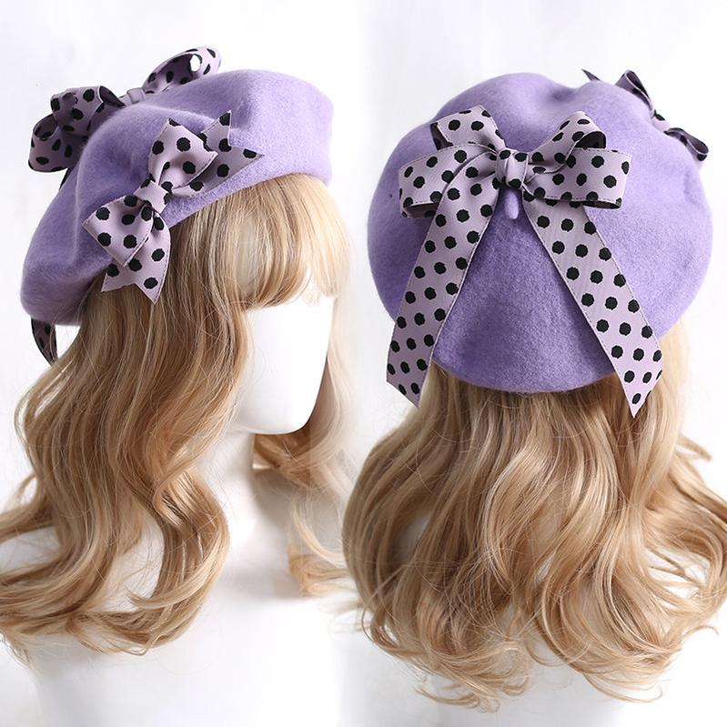 Xiaogui - Sweet Lolita Red Polka Dots Bow Beret Hat M(56-58cm) purple