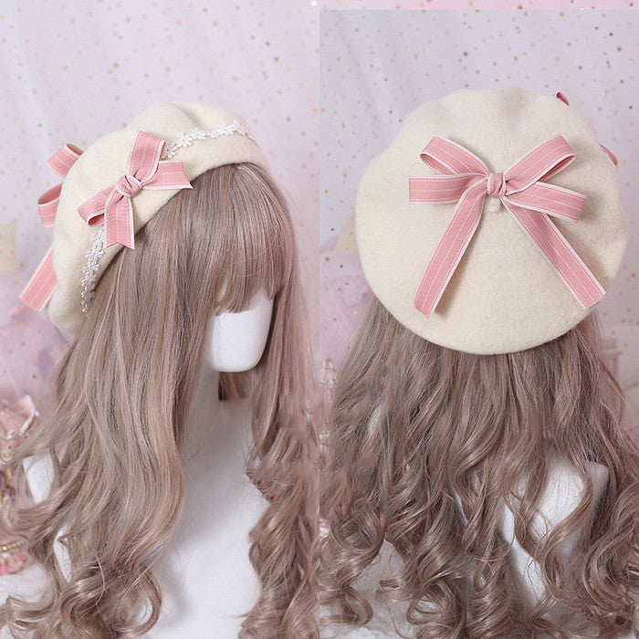 Xiaogui - Sweet and Lovely Daisy Bowknot Woolen Beret Pink bow+cream white beret+clips One Size