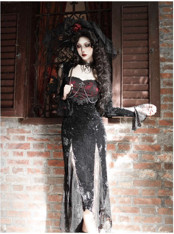 Blood Supply - Rose Cemetery - Dark Red Velvet Mermaid Gothic Lolita Dress