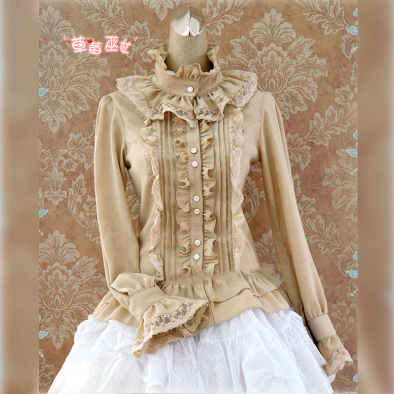 Strawberry Witch - Stand Coallr Silk Retro Lolita Blouse custom size (bust within 110cm, waist within 95cm) khaki
