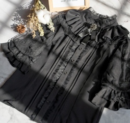 Kencrlo - Dim Moonlight - Classic Lolita Chiffon Yarn Inner Blouse S short sleeve black blouse