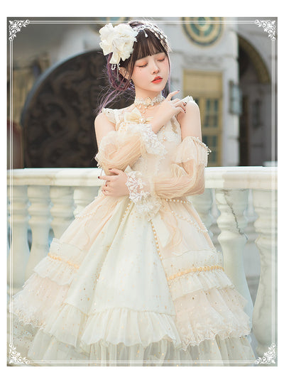 YingLuoFu~Star Night~Classic Lolita JSK Dress Retro Luxurious Lolita Dress S apricot star night (JSK+cuffs+waist chain+necklace) 