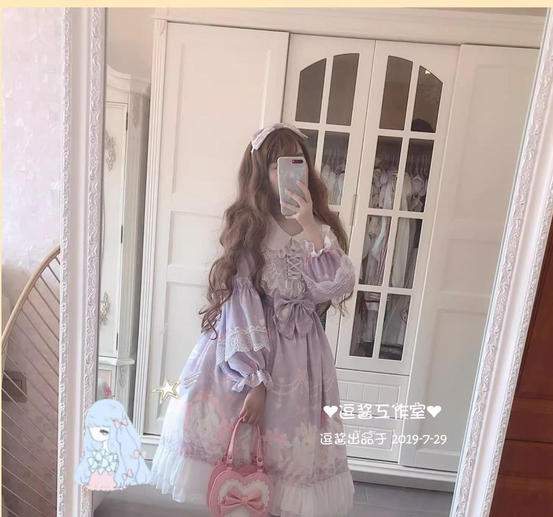 Doujiang~Kawaii Lolita OP Rabbit Print Pink Purple Lace Princess Dress