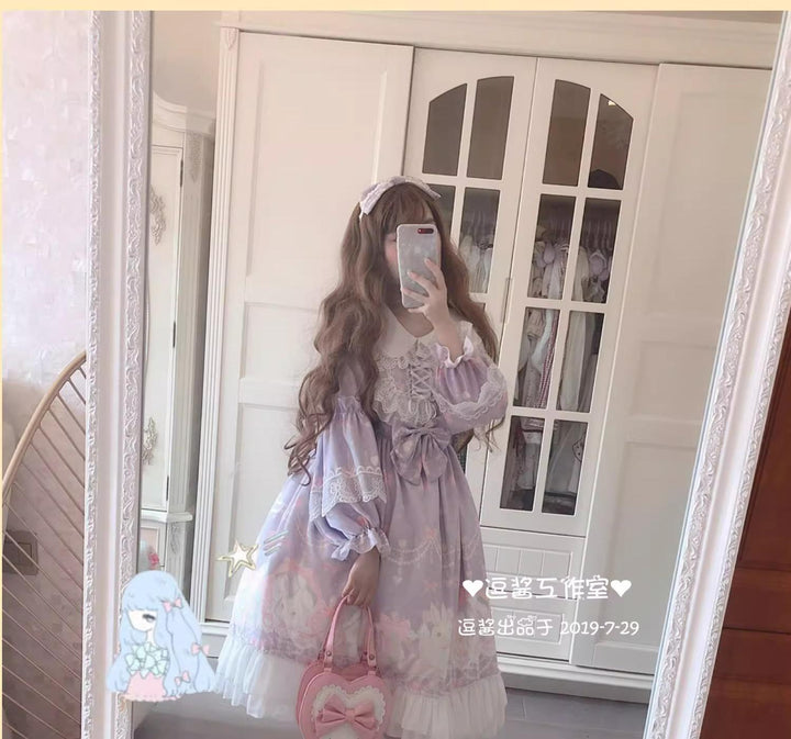 Doujiang~Kawaii Lolita OP Rabbit Print Pink Purple Lace Princess Dress   