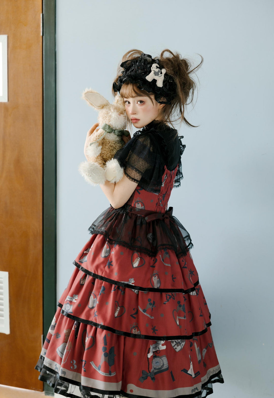 LittlePlum~Telephone Dog~Black Red Classic Lolita Dress Set with OP JSK and Skirt