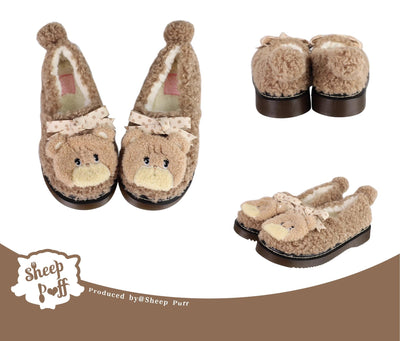Sheep Puff~Mikko Rolled~Winter Lolita Shoes Warm Cotton Fleece Shoes Dark brown 34 