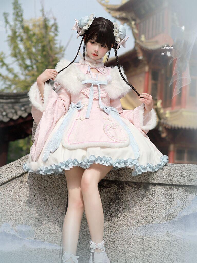 Honey Machine~Spring Peach~Han Lolita OP Dress Chinese Style OP Dress S A pair of hair pack 