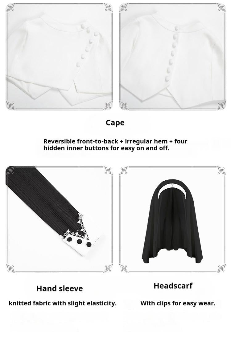 Nihil - Gothic Nun Lolita OP Dress, Irregular Hem Cape 44717:820658