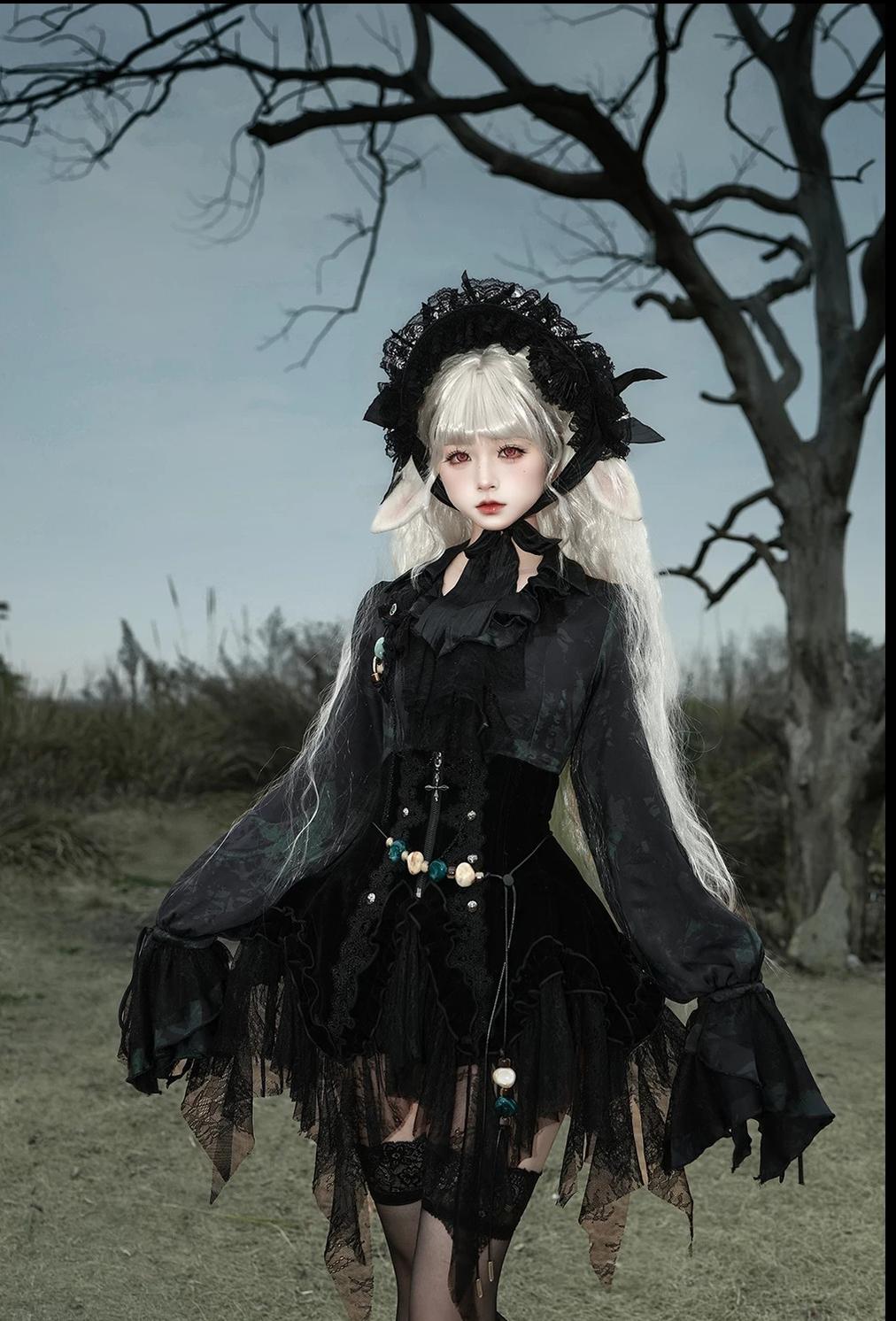 Bone Garden - Black Gothic Lolita Corset, Irregular Lace Hem 46040:873118