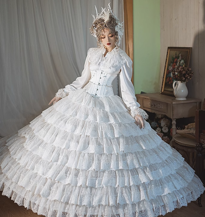 Sentaro - Elegant Lolita A-line Fish-bon Adjustable Tiered Skirt (white) 15014:208590