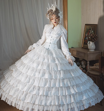 Sentaro~Elegant Lolita A-line Fish-bon Adjustable Tiered Skirt the sixth layer frost sugar(normal size) white
