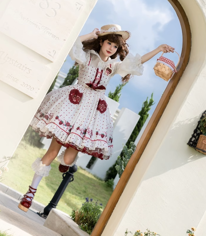 Forest Fluorescent Carps~Strawberry Diary~Sweet Lolita JSK Dress Strawberry Print   