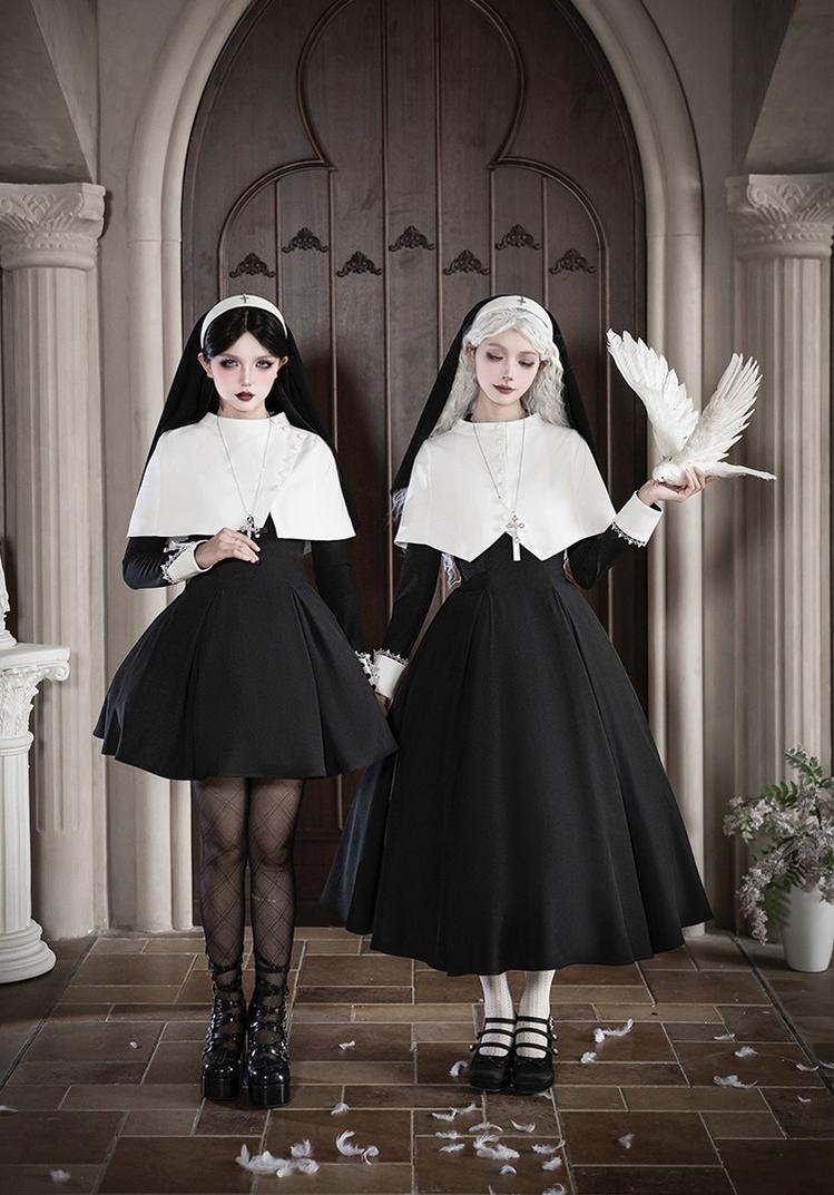 Nihil - Gothic Nun Lolita OP Dress, Irregular Hem Cape
