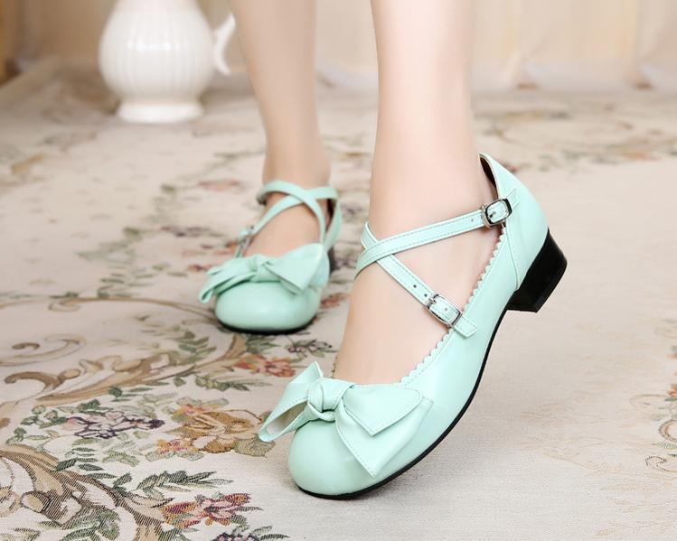 Sosic~Bow and Low Heel Cross Band Lolita Leather Shoes   