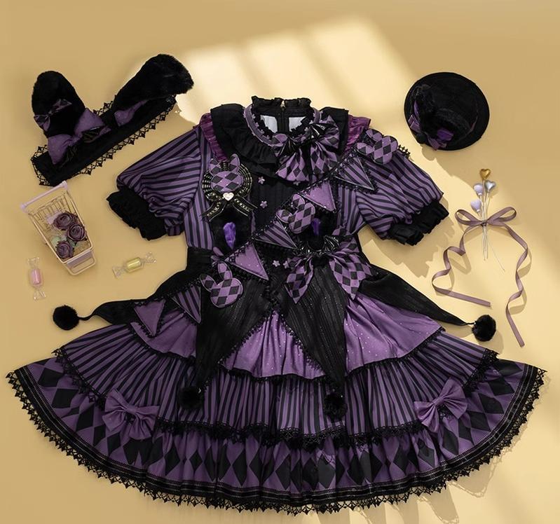 Forest Fluorescent Carps - Ouji Lolita OP Dress Circus Lolita Strip Prince Suit S Purple circus OP