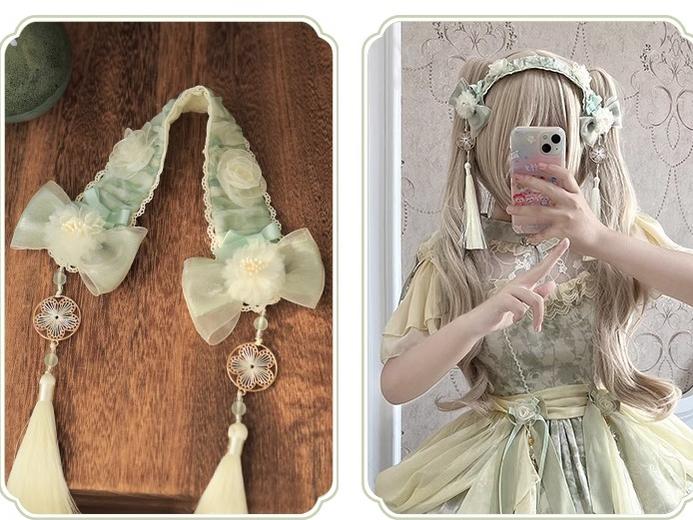 Ball Cat~Small Green Pepper~Han Lolita Dress Green Floral Print OP Dress S headband 