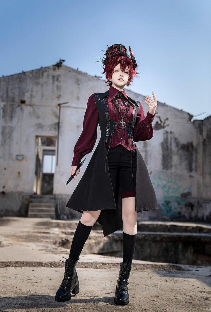 Princess Chronicles~Red and Black 4.0~Ouji Lolita Shorts Outfit Long Vest Prince Blouse