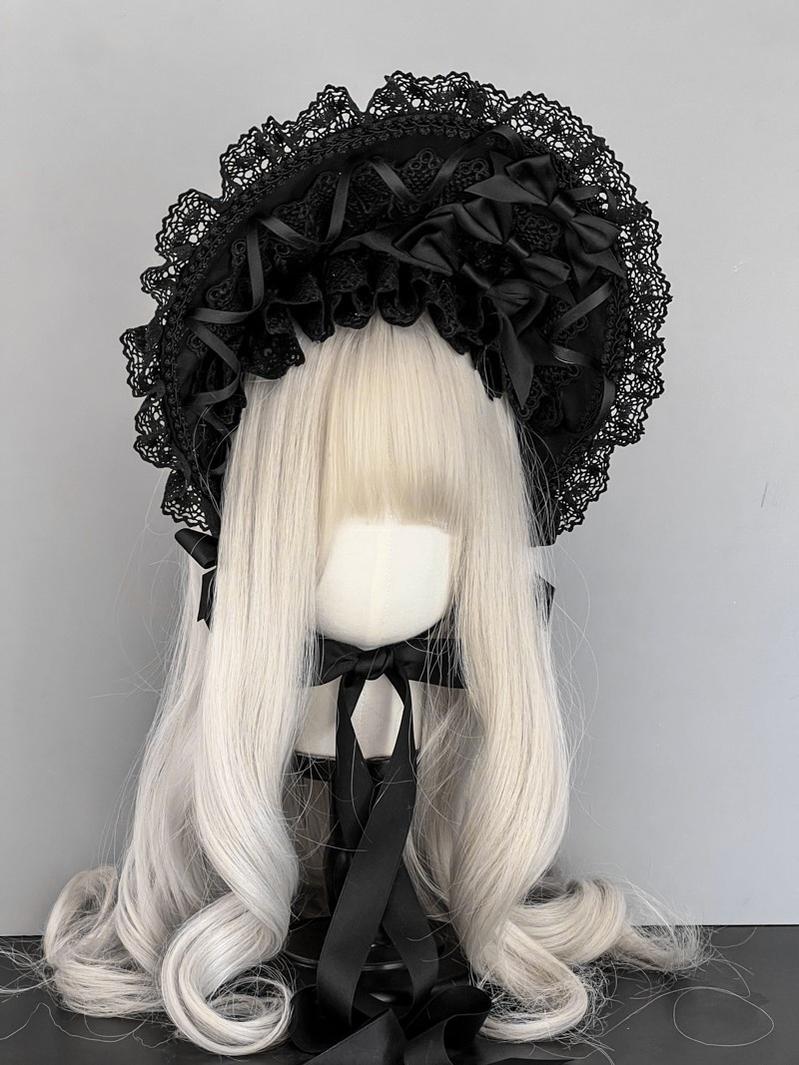 MAID~Gothic Lolita Lace Bonnet Wide Brim Bow BNT Headwear (Black) 32558:395454