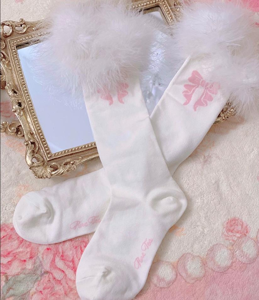 White Tea Dream~Cotton Lolita Calf Socks Knit Pink Bow Turkey Feather Socks   