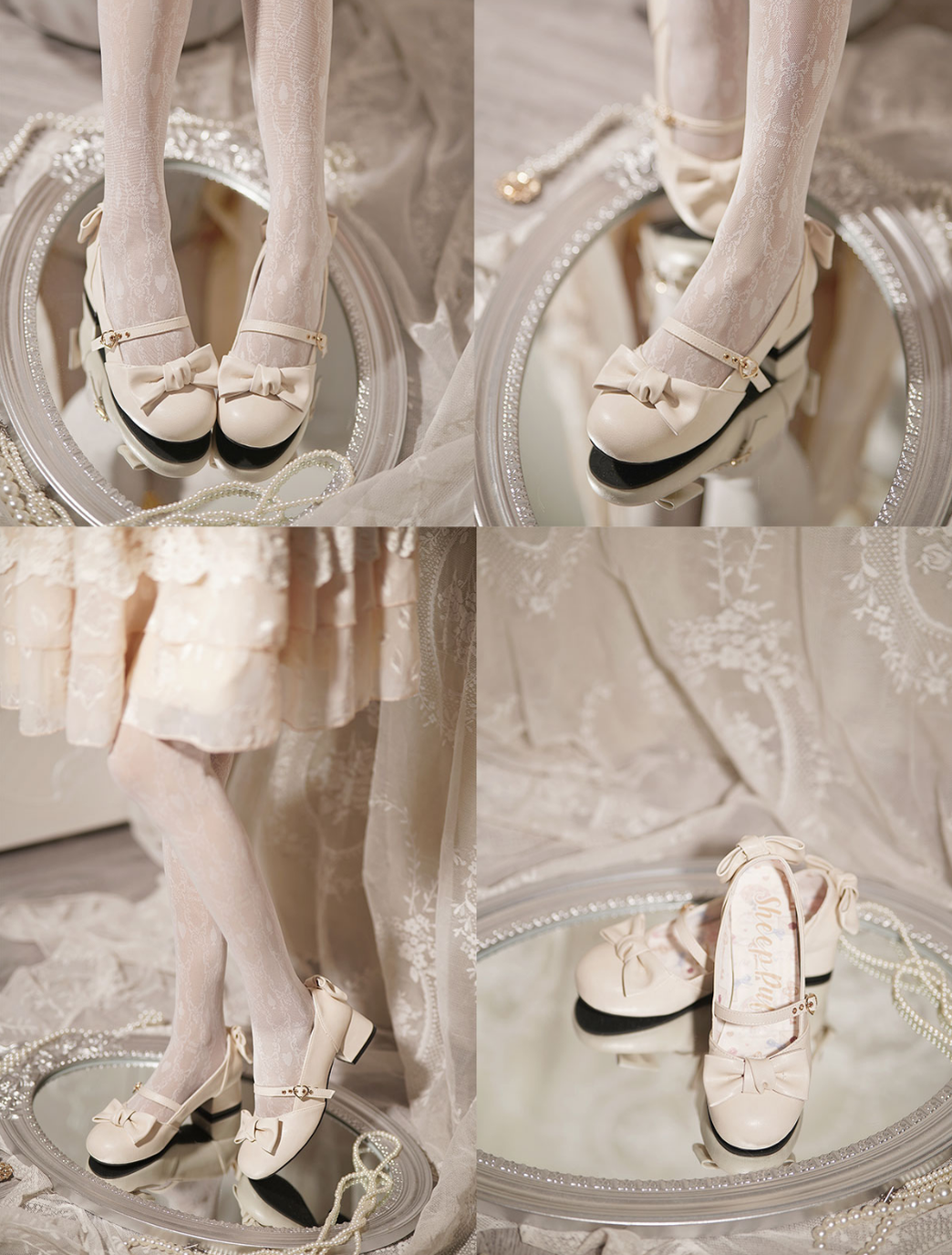 Sheep Puff~Elegant Lolita Bownot Retro High Heel Shoes 6558:725884