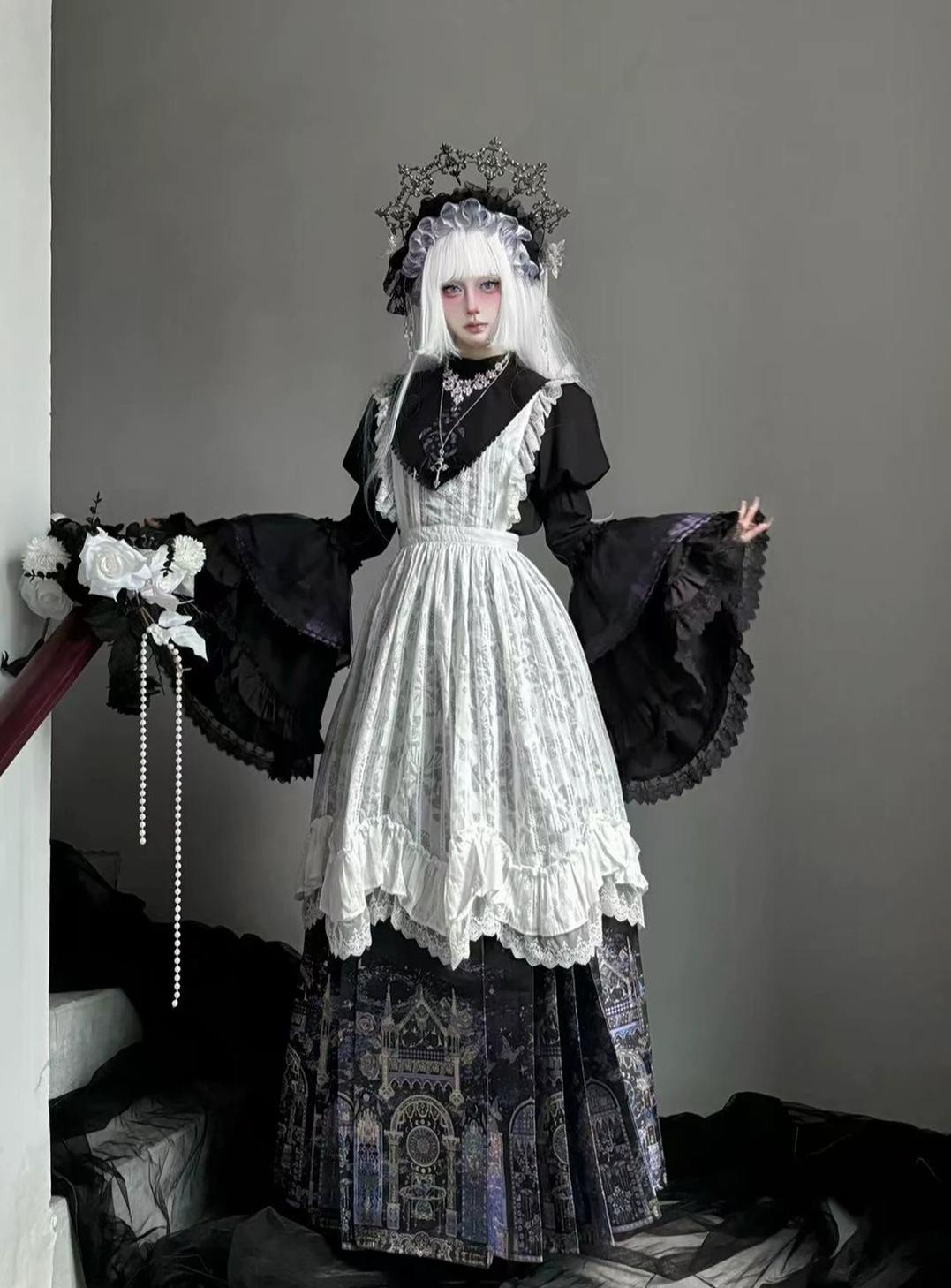 Stellar Orbit Cathedral - Gothic Lolita Hime Sleeve Blouse & Corset & Mamian Skirt Set 45901:867490