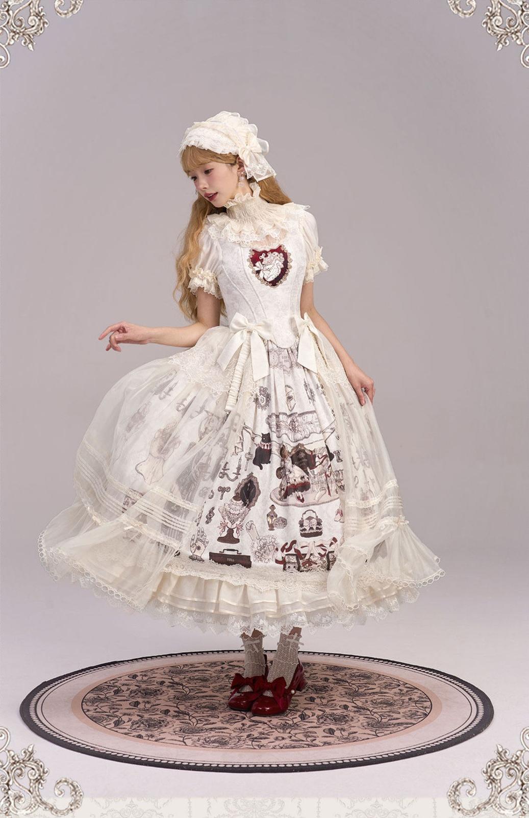 Clockwork Doll - Gothic Lolita Printed Dress, Lace & Bows 45186:839419