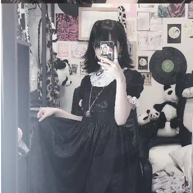 (BFM)Kunonoku~Dolly Toy~Retro Lolita Faux False Two-piece Black OP Dress   
