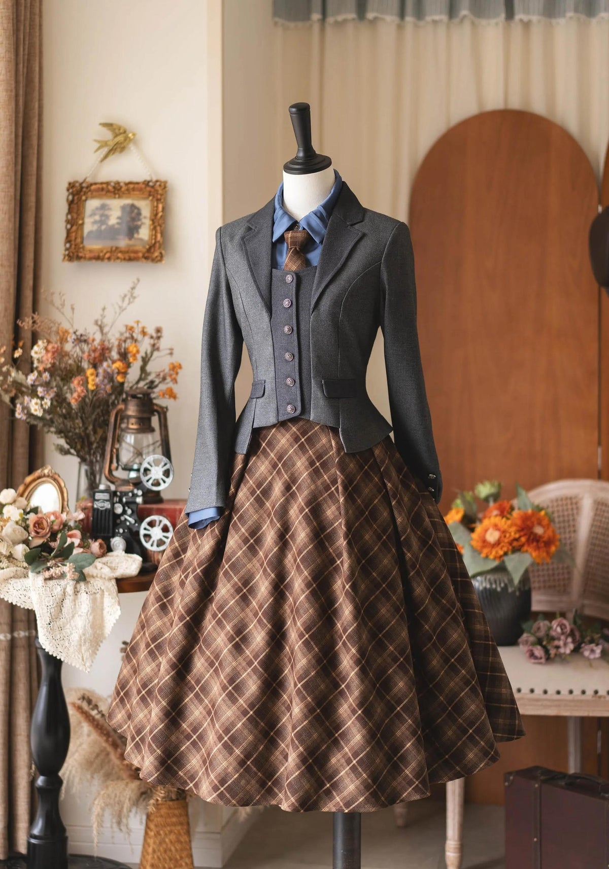 Forest Beats - Elegant Classic Lolita Suspenders Skirt, Plaid Pattern 46082:874458