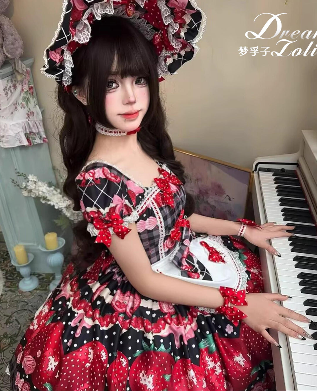 Mengfuzi~Strawberry~Sweet Lolita OP and JSK with Strawberry Print