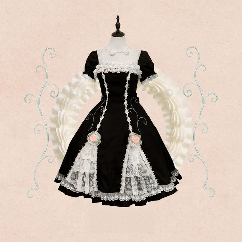 Cream Rose Garden - Cotton Old School Lolita OP Dress Set, Rose Vine Embroidery (L M S XL) 46052:873545