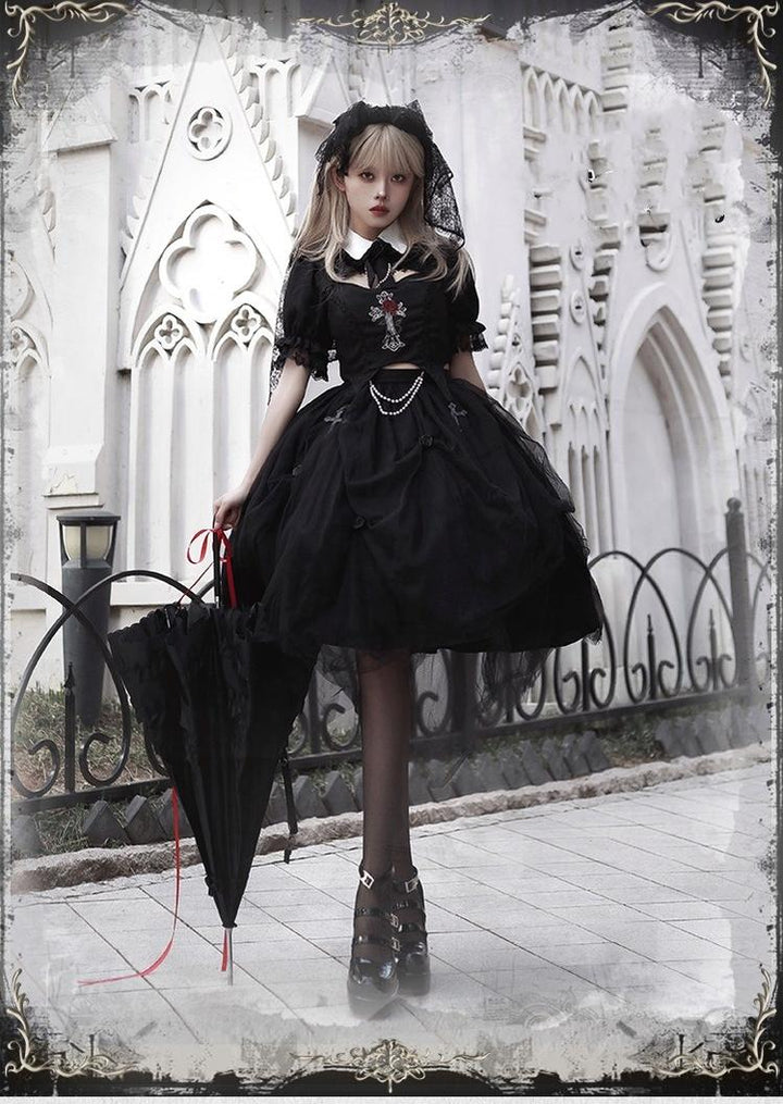 With PUJI~Evil Flower~Gothic Lolita Skirt Set Rose Embroidered Hollow Out Blouse 39596:631224