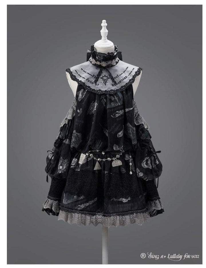 Sing a lullaby for you~Believer~IP Collab Gothic Lolita OP Dress Set Printed Hooded cape   