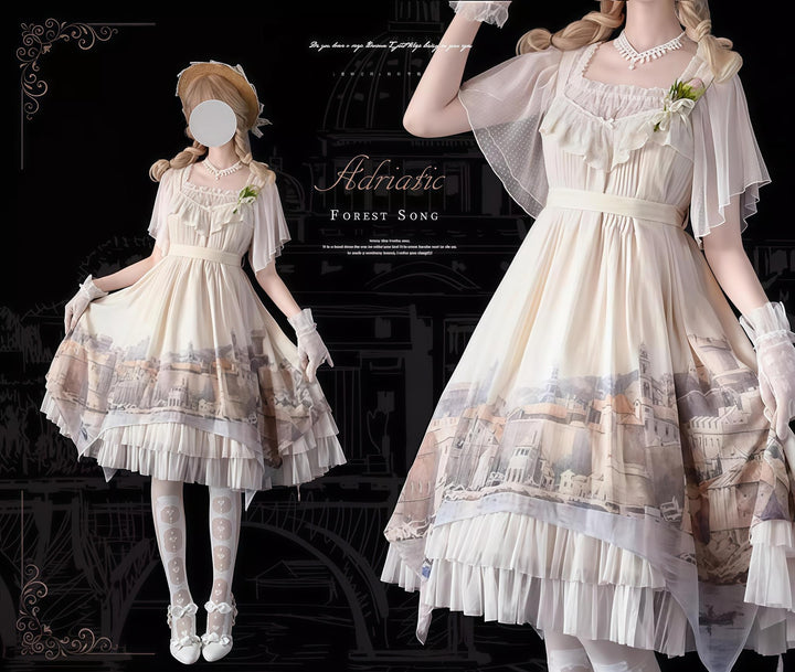 Forest Song - Adriatic - Classic Lolita JSK Chiffon Dress, Gulf City Print