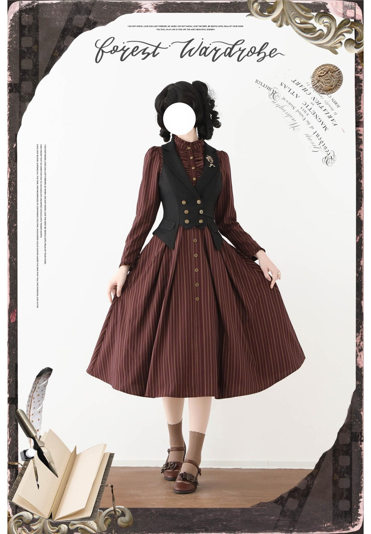 Forest Castle - Classic Lolita Long Striped Dress, Irregular Hem Vest 44441:809902