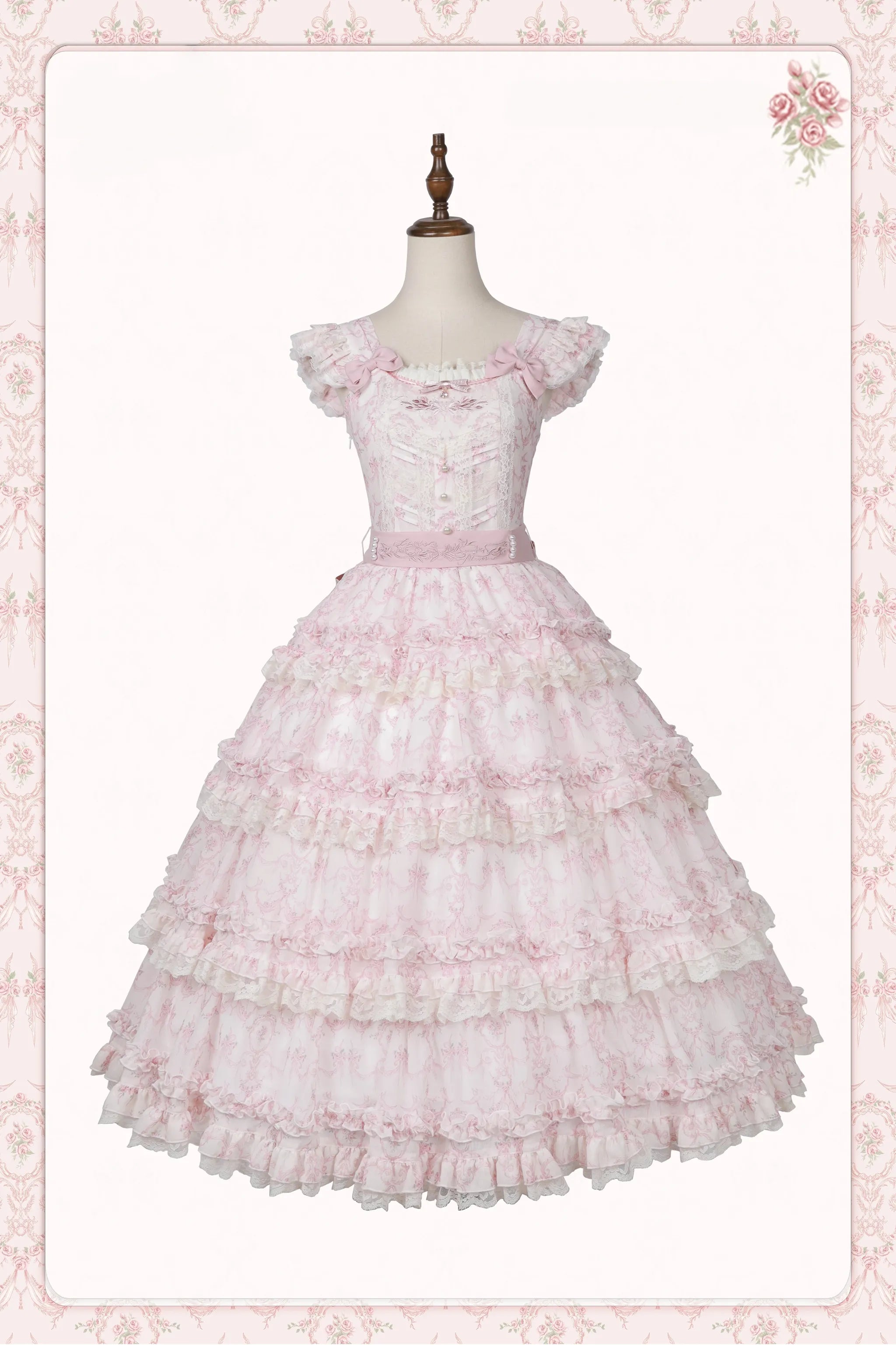 Rose Fragrance - Classic Lolita Lace JSK & OP Dress, Rose & Perfume Bottle Print (L M S) 45850:865553