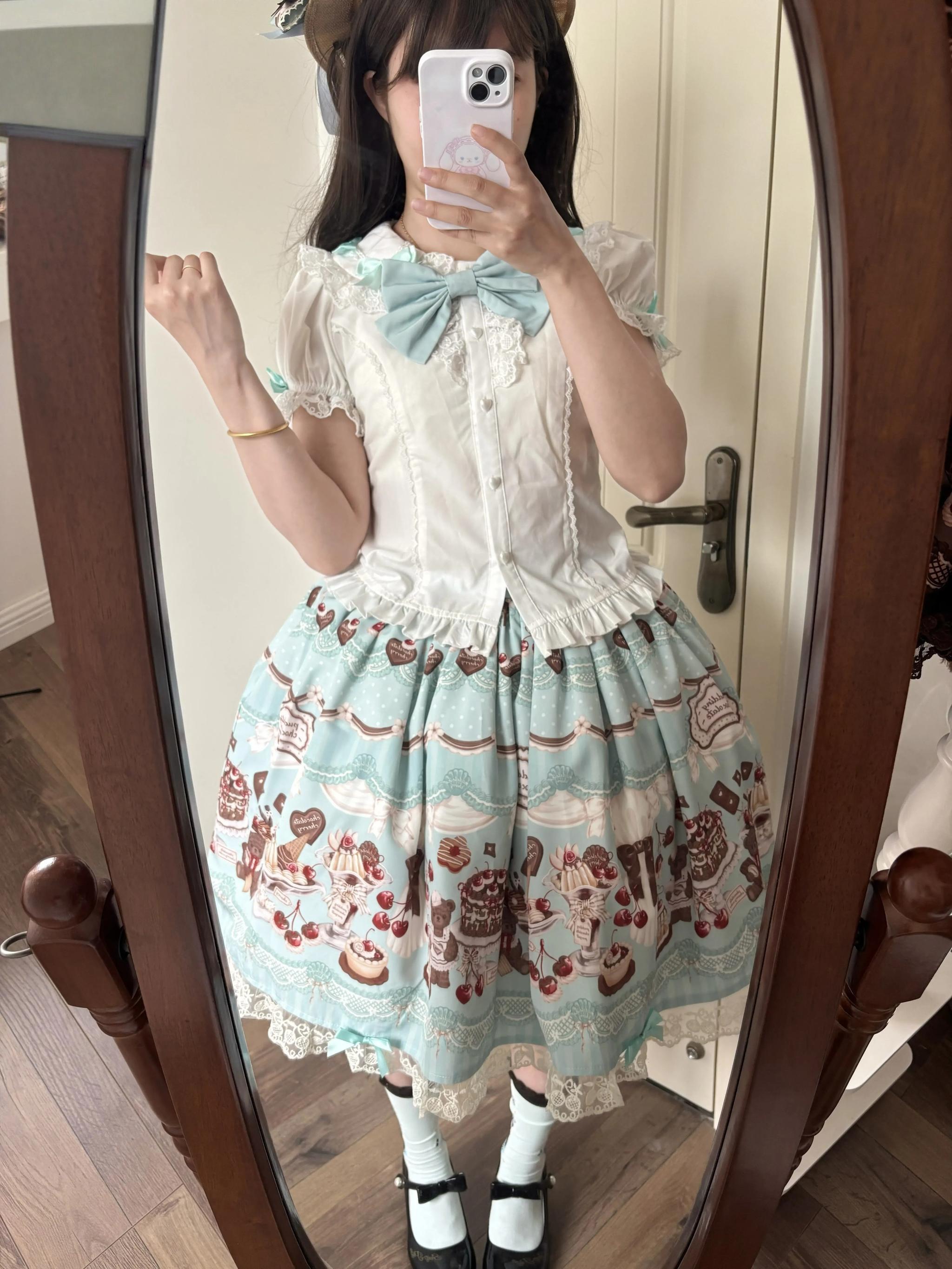 Cherry Choco Bear - Kawaii Lolita Elastic Skirt, Dessert and Cherry Print Mint Blue - Short Skirt Only (with detachable waist bow) S