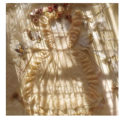 Nuit De Cellophane~Elegant Lolita Lace Beige Apron Dress   