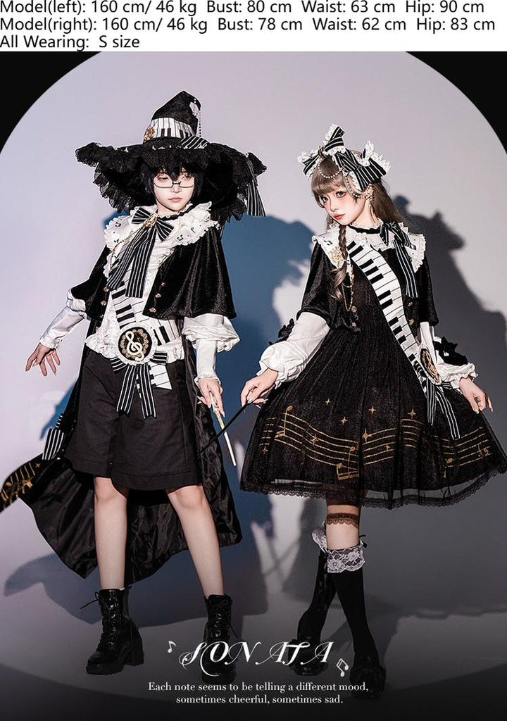 Forest Fluorescent Carps~Black and White Sonata~Ouji Lolita Vest Suit and Vintage Lolita OP Dress