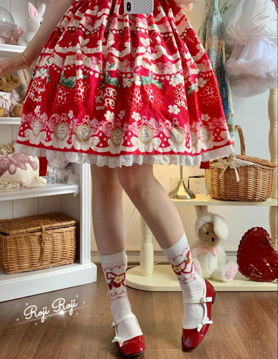 Roji Roji - Sweet Lolita Socks, Strawberry Print Red One Size