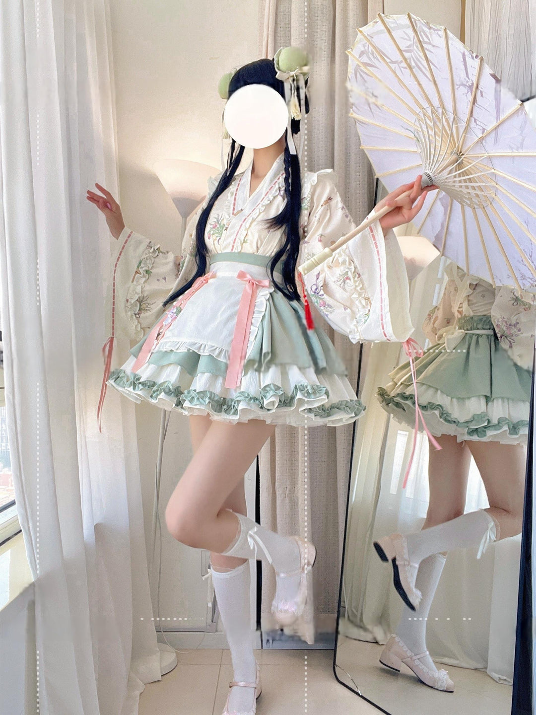 Qianmu~Little Herbalist~Han Lolita Skirt Outfit with Cross-collar Blouse and Apron