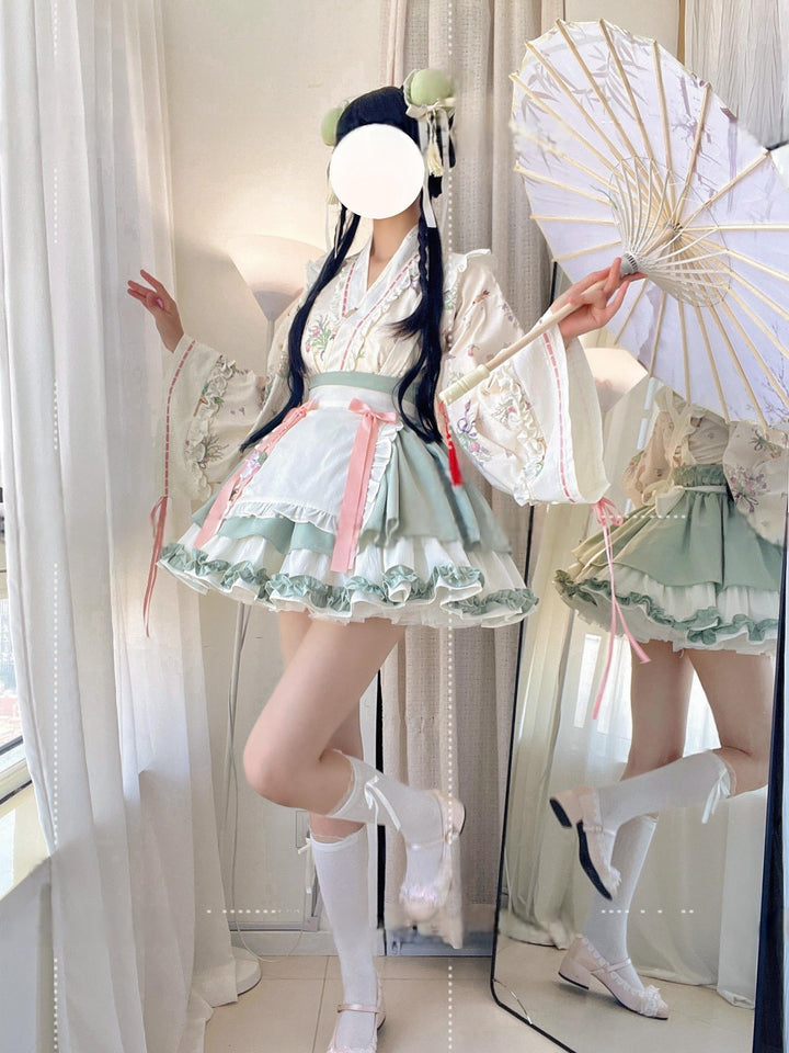 Qianmu~Little Herbalist~Han Lolita Skirt Outfit with Cross-collar Blouse and Apron