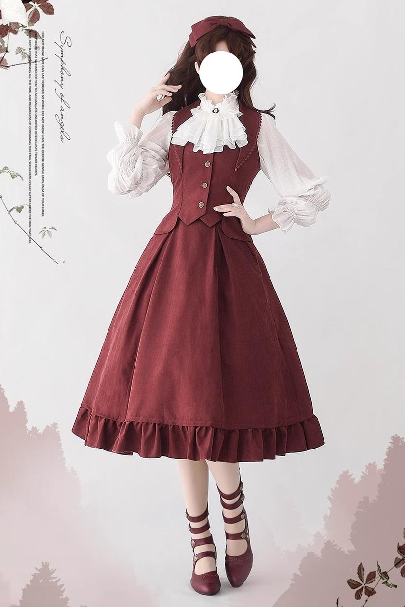 Forest Wardrobe - Misty Forest - Elegant Vintage Fishbone Lolita Long Skirt & Vest
