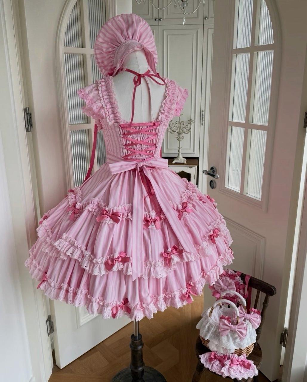 Eternal Girlhood - Six-Panel Old School Lolita Striped JSK & OP, Bow Accents 45811:863087
