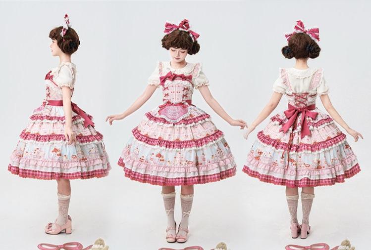 Cherry Cake - Printed Sweet Lolita JSK Dress, Embroidered Apron 44904:827173